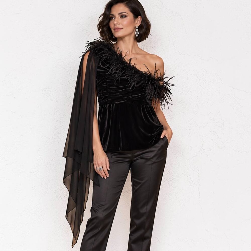 Jackie Jon Velvet Feather One Shoulder Top Vintage Y2K Goth Glam Sz Large NWT